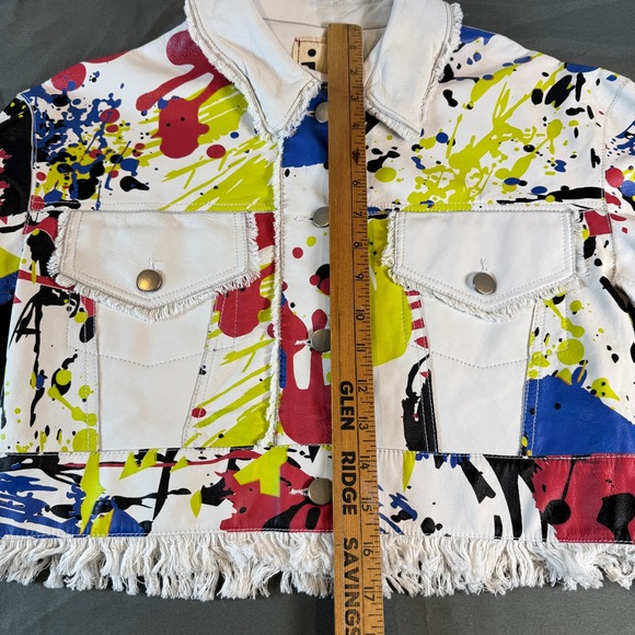 Jkt NYC Colorful Splatter Paint Leather Cropped Fringe Jacket - Picture 6 of 9